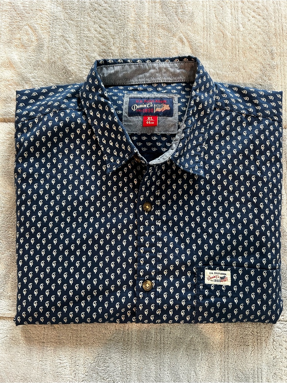 U.S. Polo Assn. Navy Blue Button-Down Shirt with White Micro Paisley Print